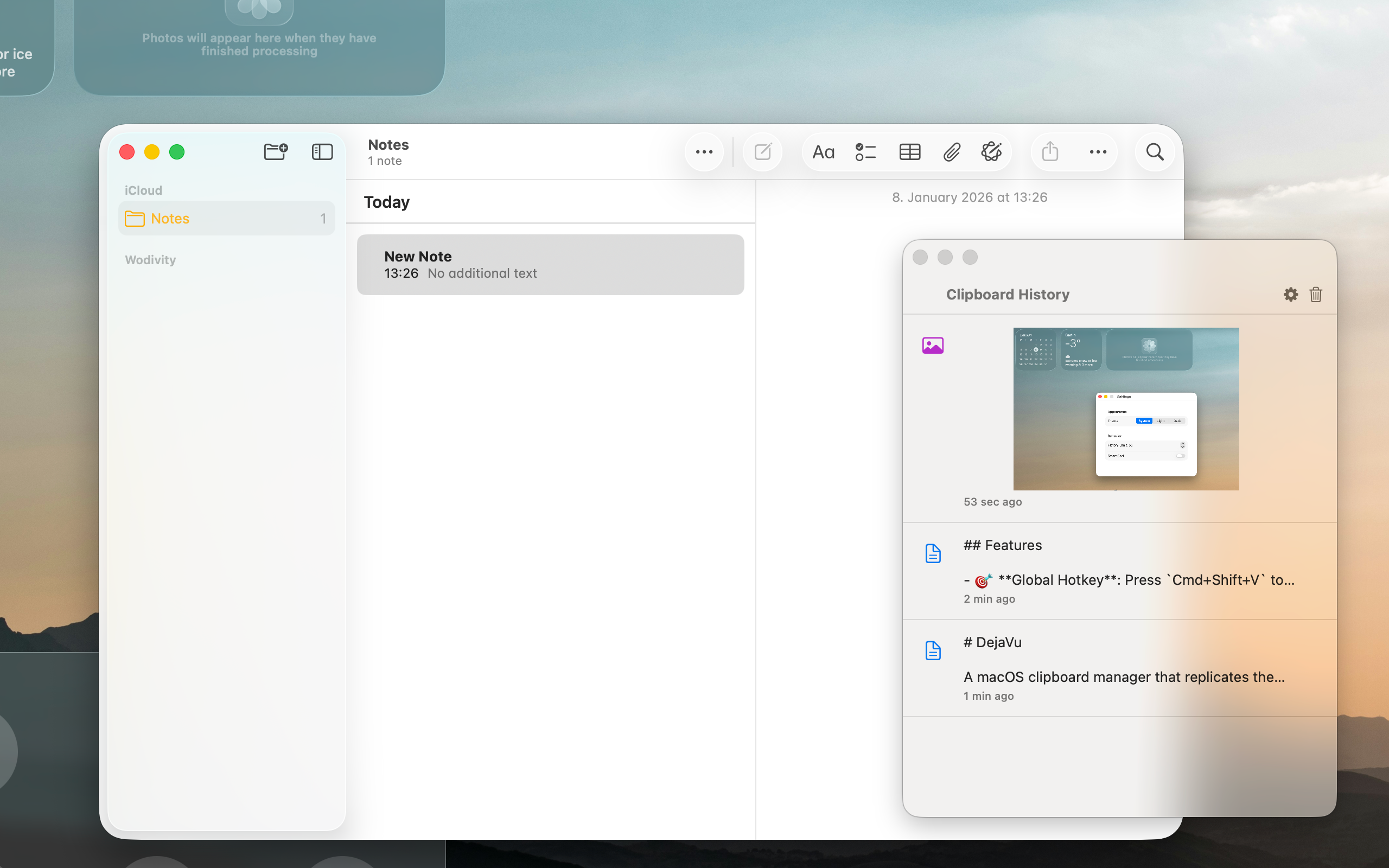 DejaVu clipboard history panel floating over a macOS window, showing text and image entries